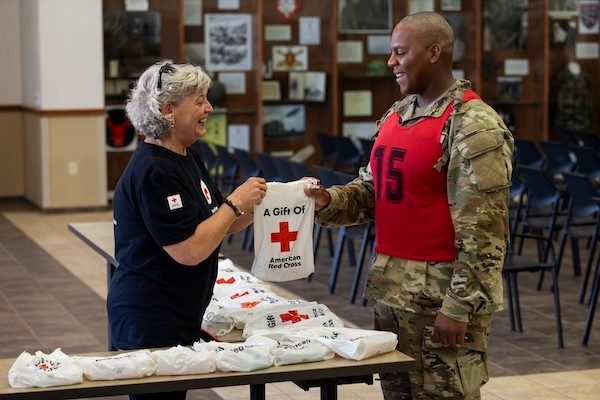The American Red Cross provides comfort kits to all new recruits soon after their arrival at Ft. Sill, Oklahoma. 