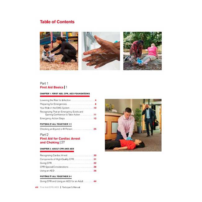 First Aid/CPR/AED Participant's Manual Table of Contents showing Part 1  for First Aid Basics and Part 2 for First Aid for Cardiac Arrest and Choking.