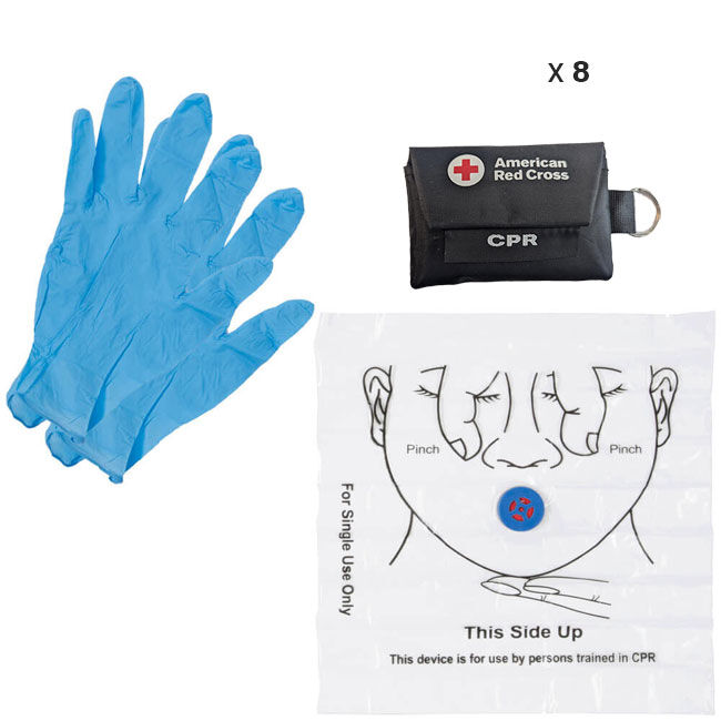 CPR Keychain, Face Shield with 1-Way Valve and Instructions for Use, and 1 Pair Latex Free Nitrile Gloves.